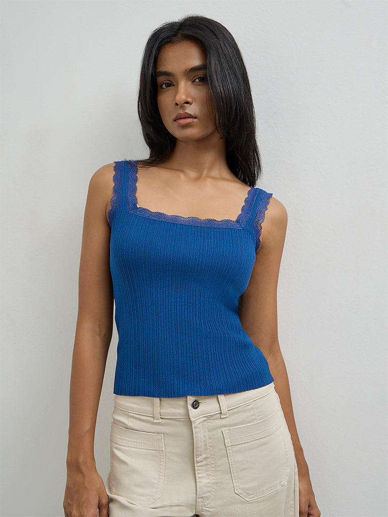 LOV Blue Ribbed Lace-Detailed Top