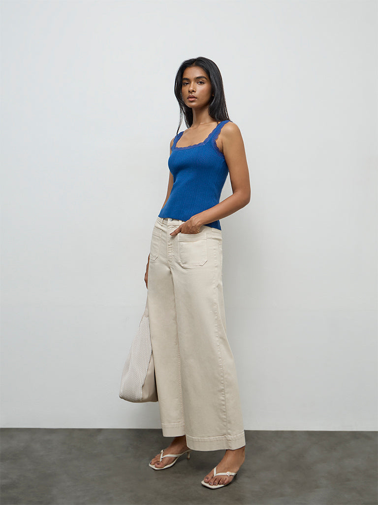 LOV Blue Ribbed Lace-Detailed Top
