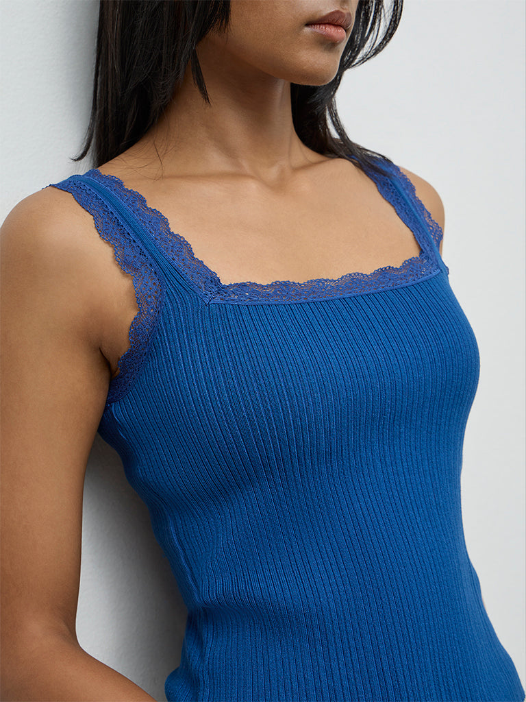 LOV Blue Ribbed Lace-Detailed Top
