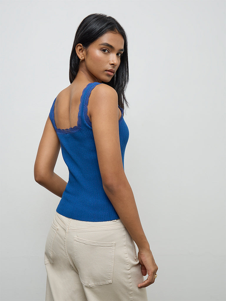 LOV Blue Ribbed Lace-Detailed Top