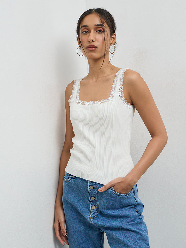 LOV Off-White Lace-Detailed Top