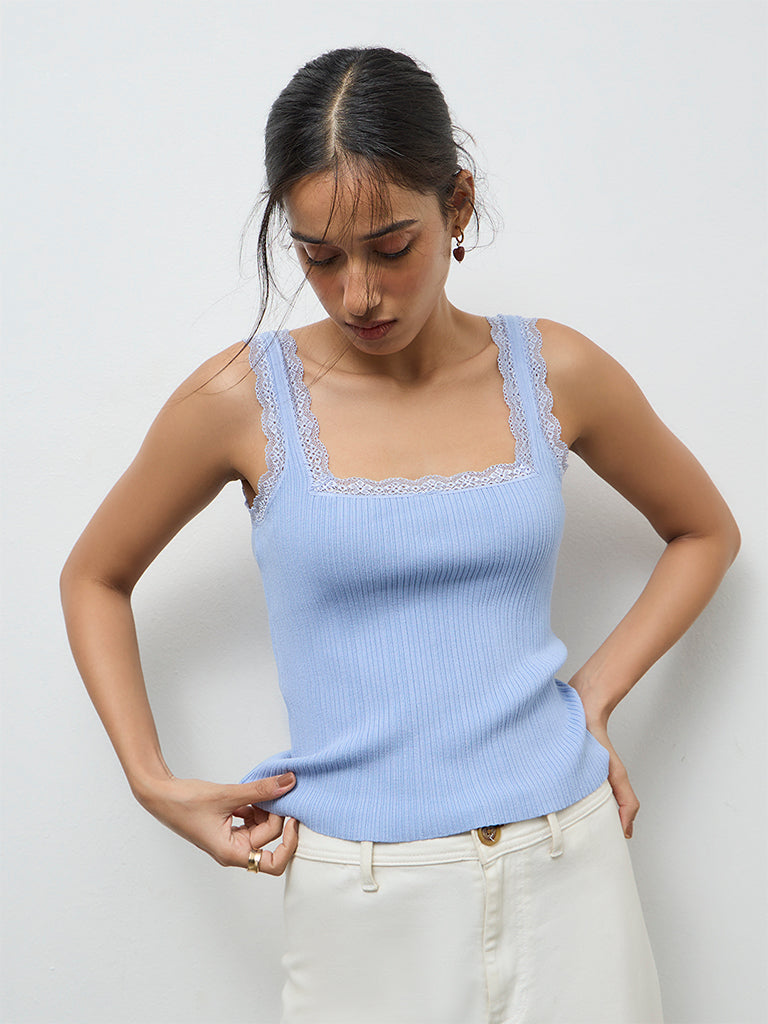 LOV Light Blue Lace-Detailed Top
