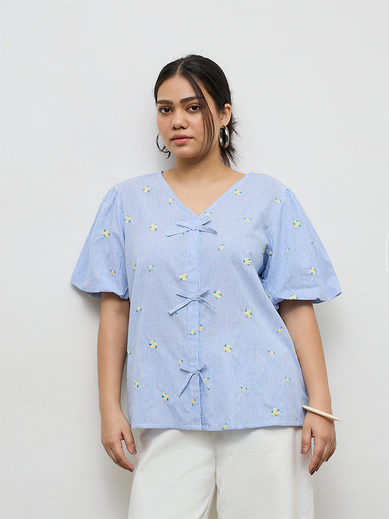 Gia Blue Floral Embroidered Cotton Blouse