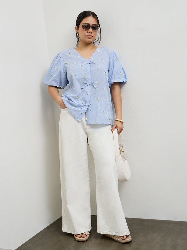 Gia Blue Floral Embroidered Cotton Blouse