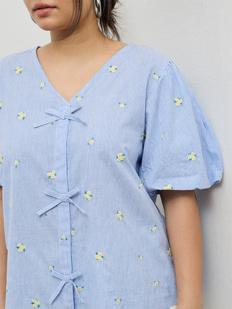 Gia Blue Floral Embroidered Cotton Blouse