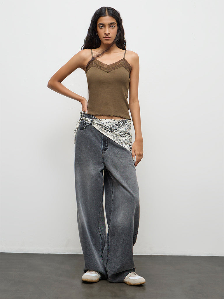 Nuon Black Washed High-Rise Jeans with Scarf