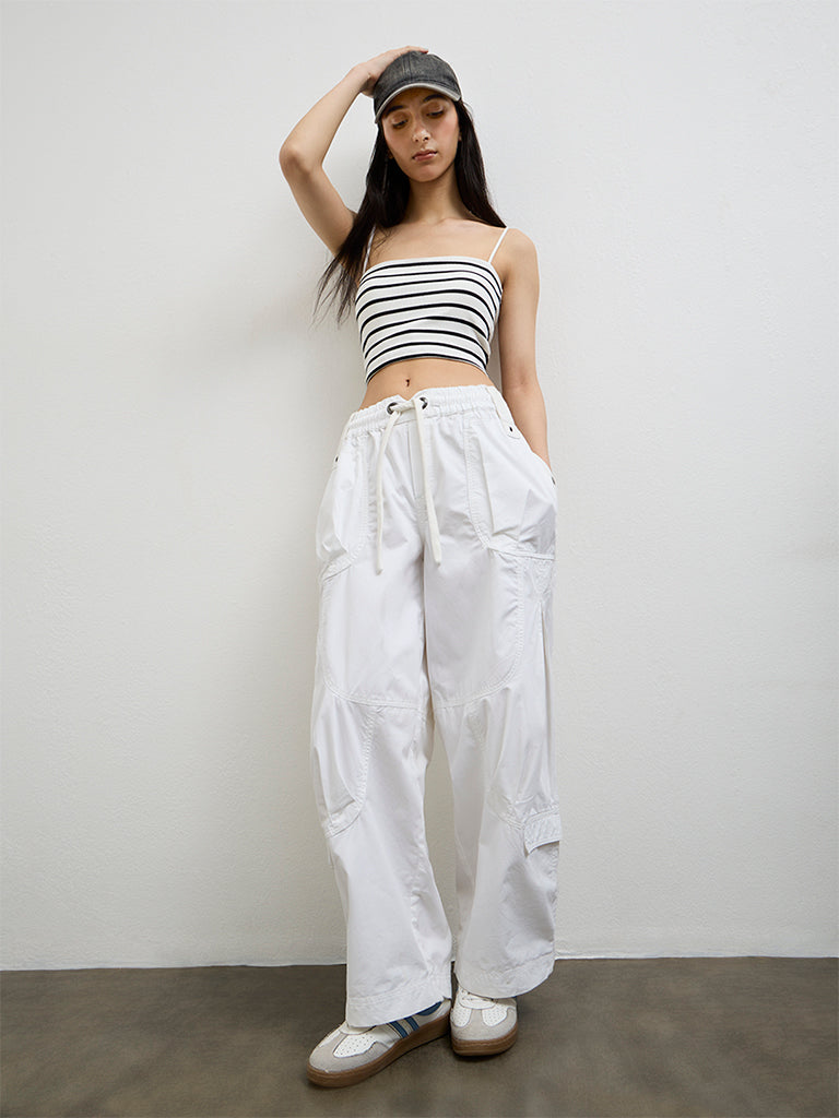 Nuon White Striped Cotton-Blend Top