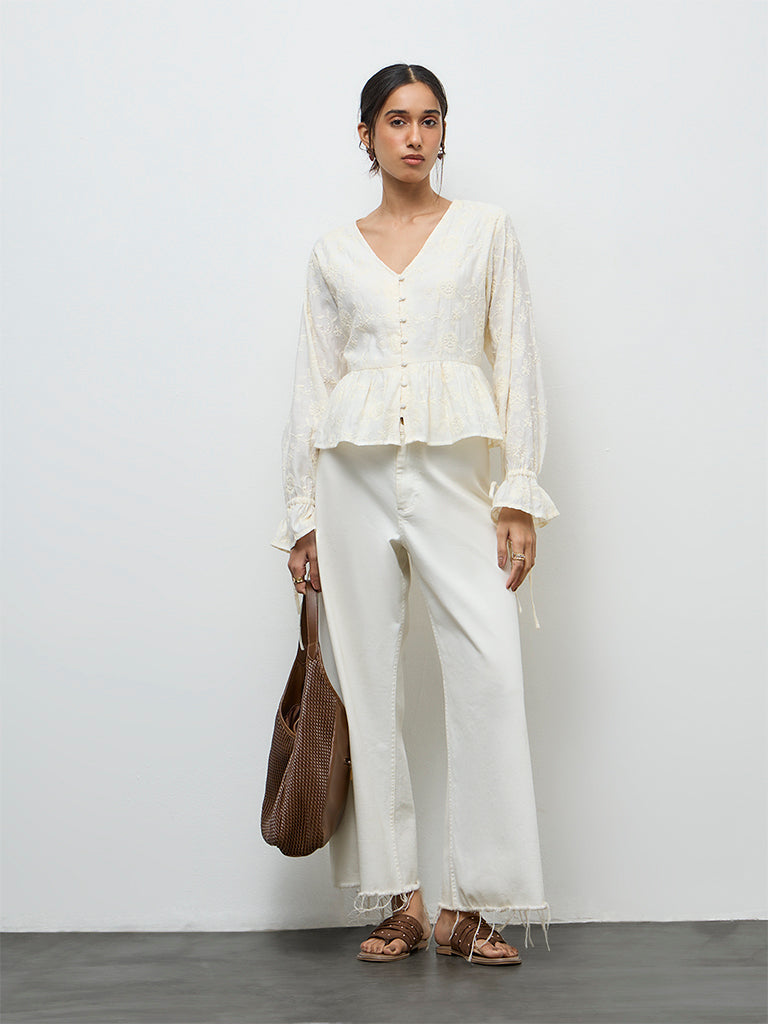 LOV Off-White Floral Embroidered Blouse
