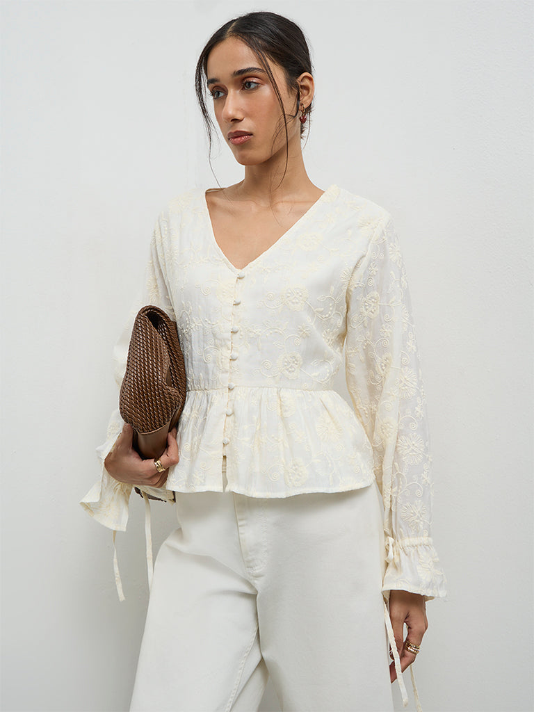 LOV Off-White Floral Embroidered Blouse