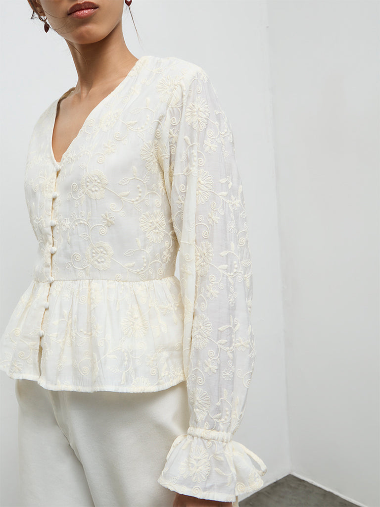 LOV Off-White Floral Embroidered Blouse