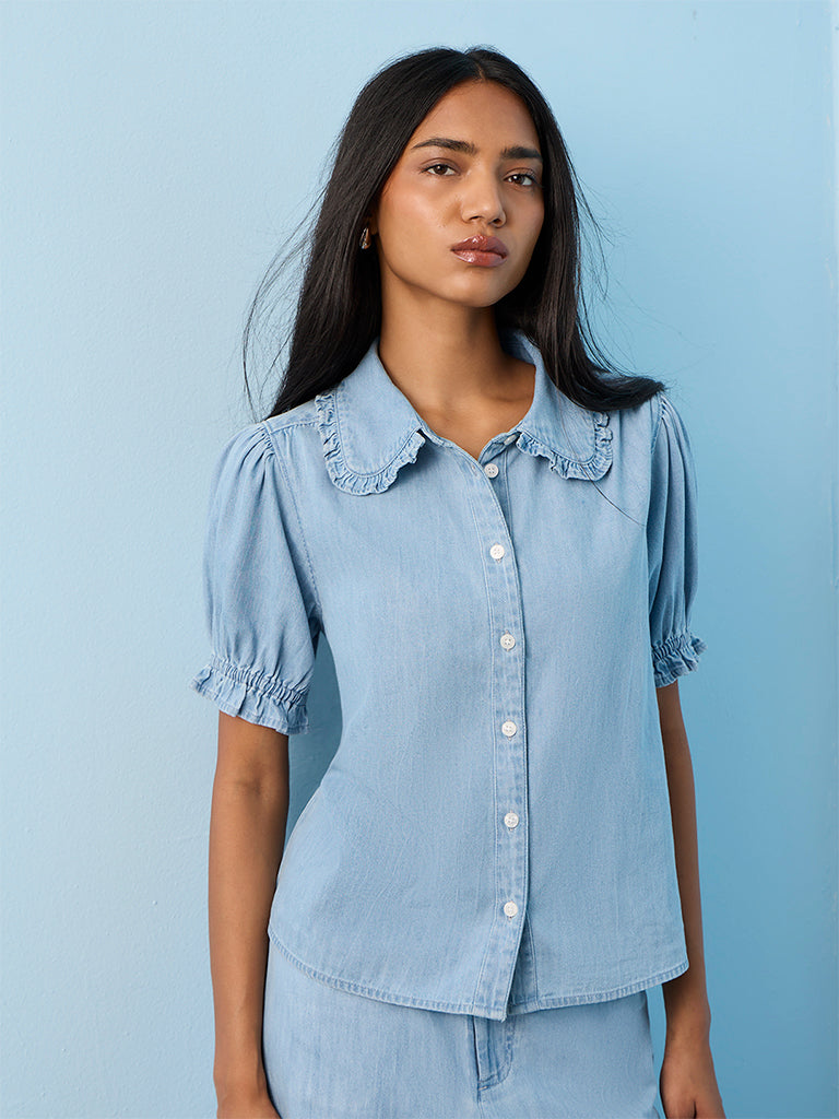 LOV Light Blue Solid Cotton Shirt