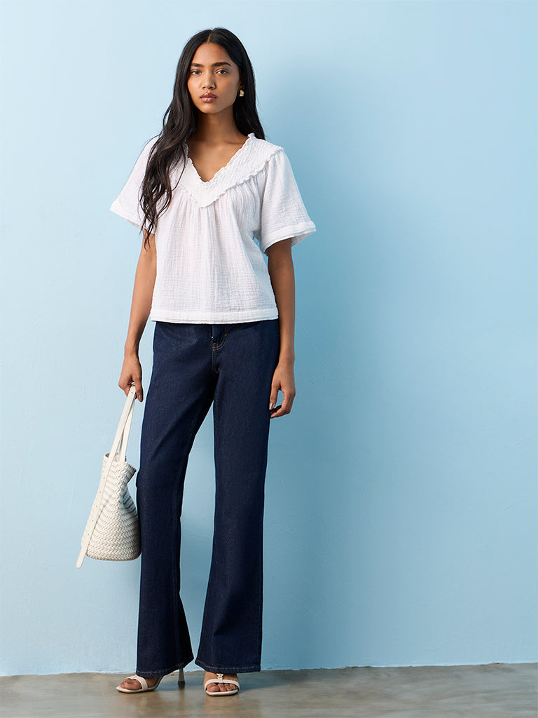 LOV White Crinkle-Textured Cotton Top
