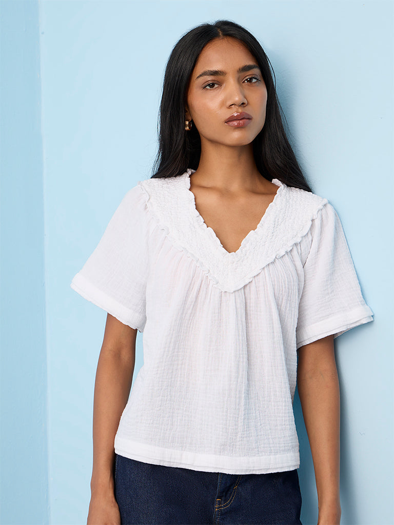 LOV White Crinkle-Textured Cotton Top