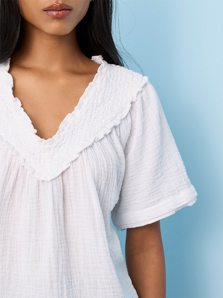 LOV White Crinkle-Textured Cotton Top