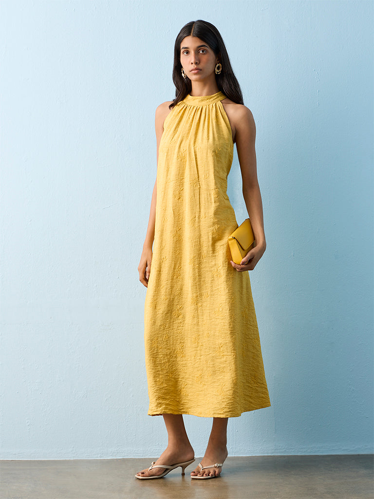 LOV Mustard Botanical Embroidered A-Line Dress