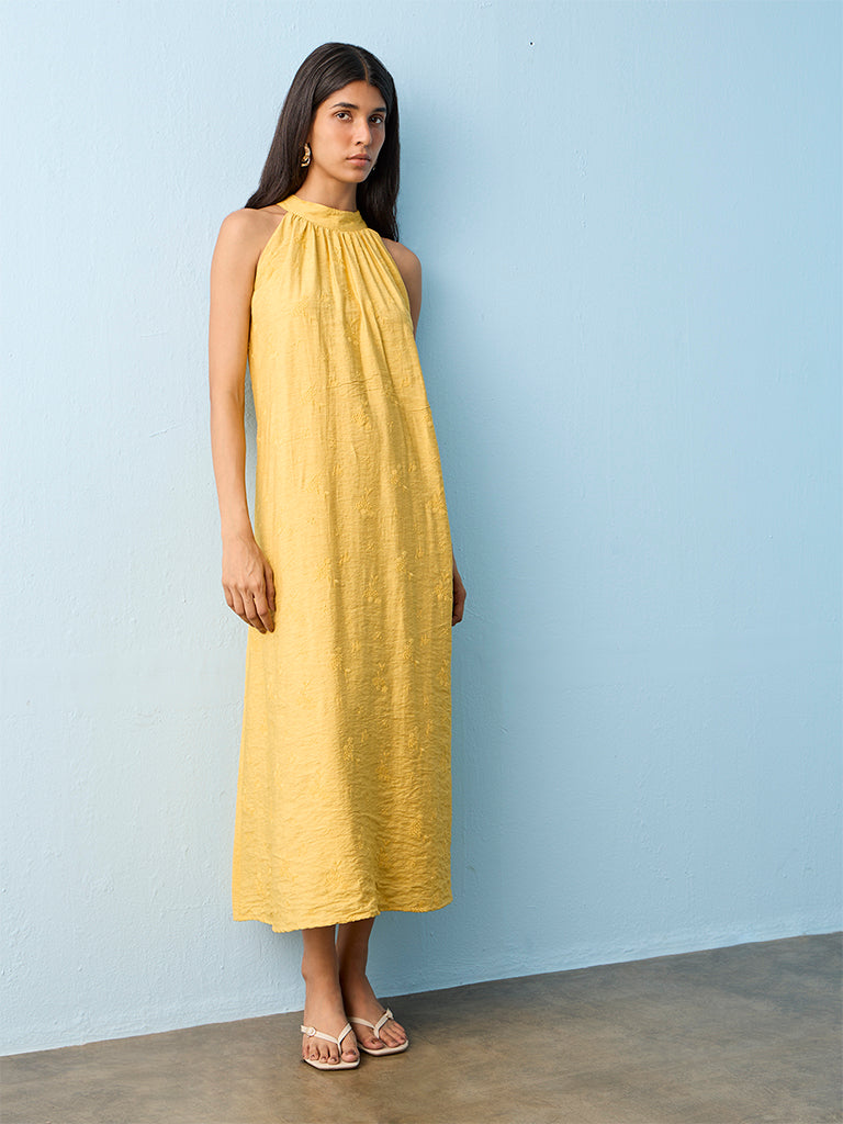 LOV Mustard Botanical Embroidered A-Line Dress