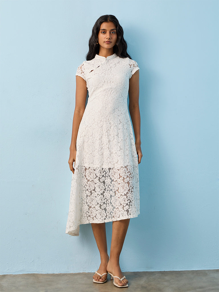 LOV Off White Floral Lace A-Line Dress