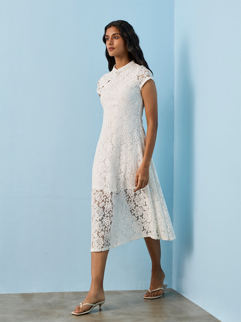 LOV Off White Floral Lace A-Line Dress