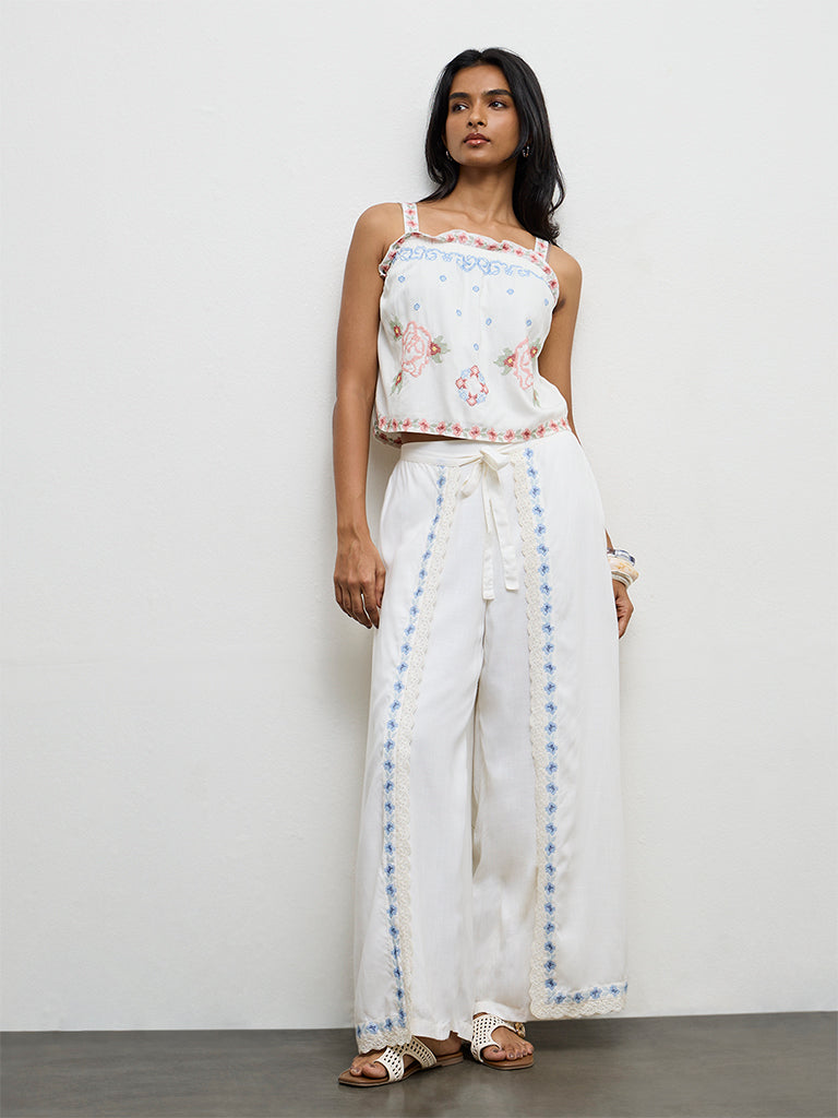 LOV Off-White Embroidered High-Rise Trousers