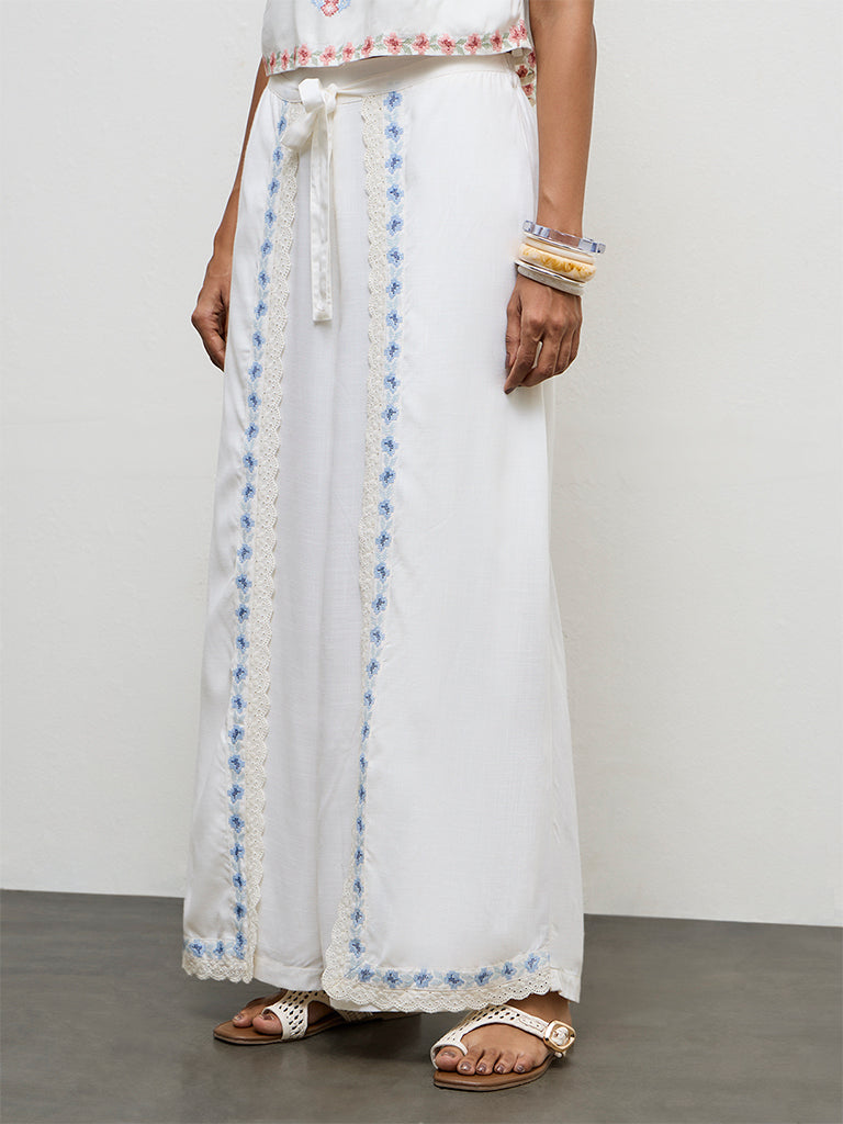 LOV Off-White Embroidered High-Rise Trousers