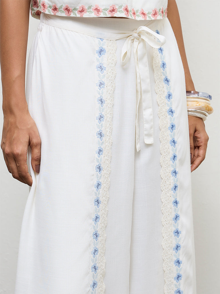 LOV Off-White Embroidered High-Rise Trousers