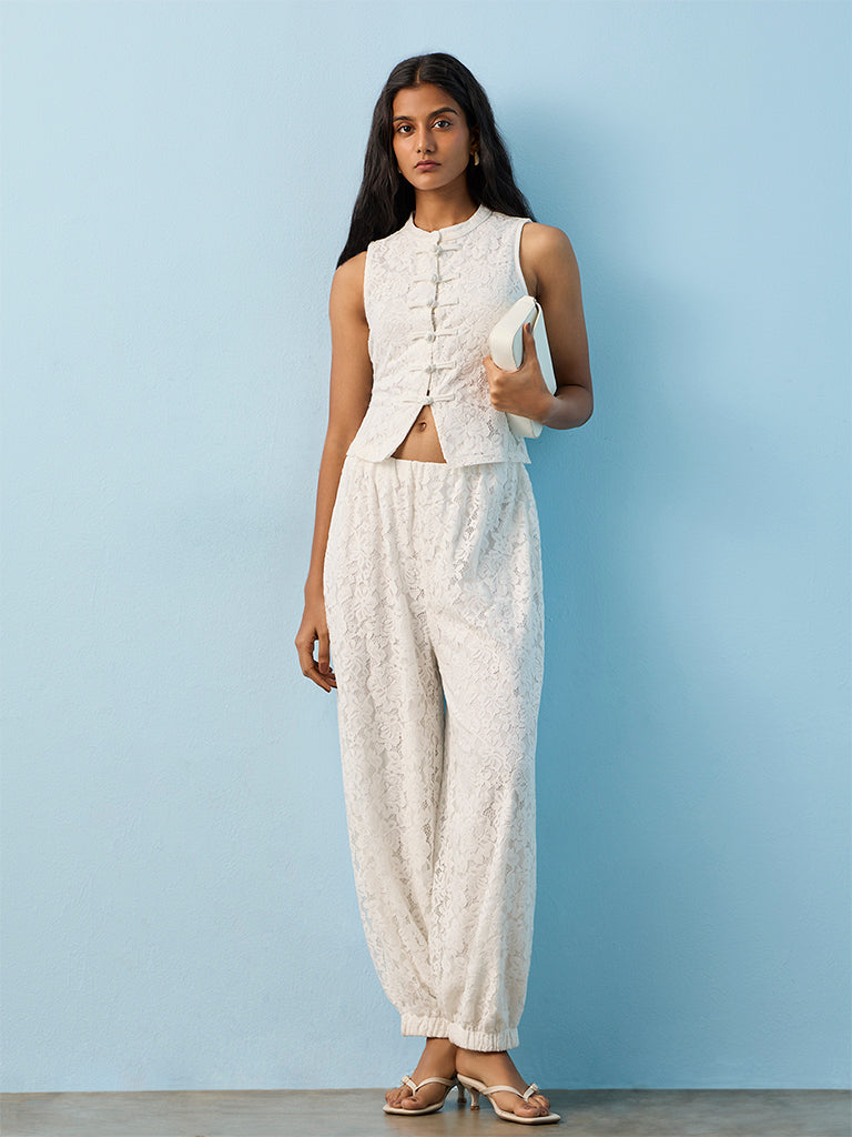 LOV Off-White Floral Lace High-Rise Pants