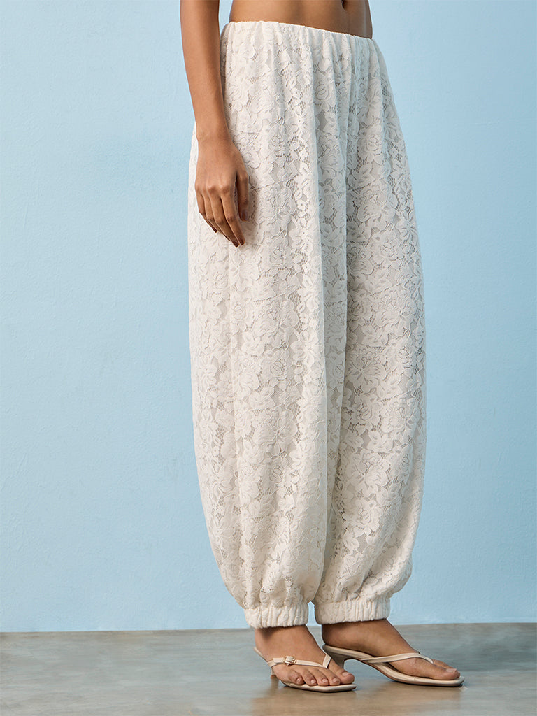 LOV Off-White Floral Lace High-Rise Pants
