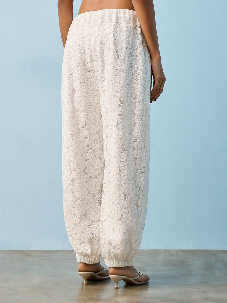 LOV Off-White Floral Lace High-Rise Pants