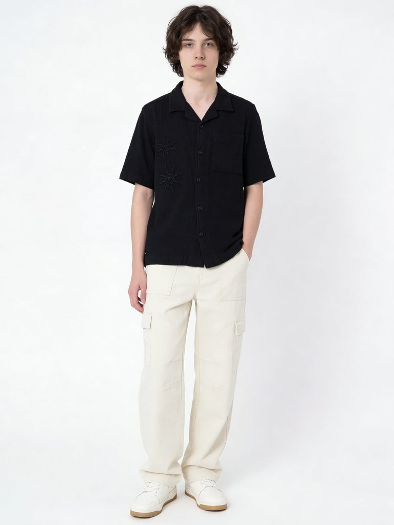 Boys Black Embroidered Cotton Shirt