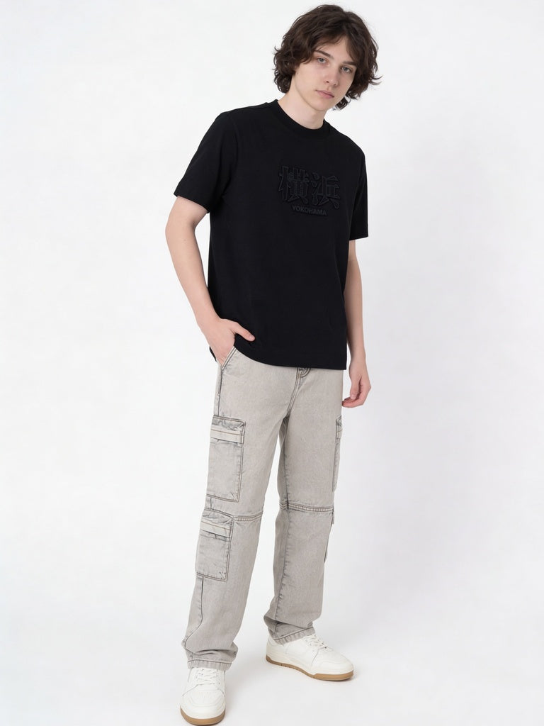 Boys Black Embossed Cotton T-Shirt