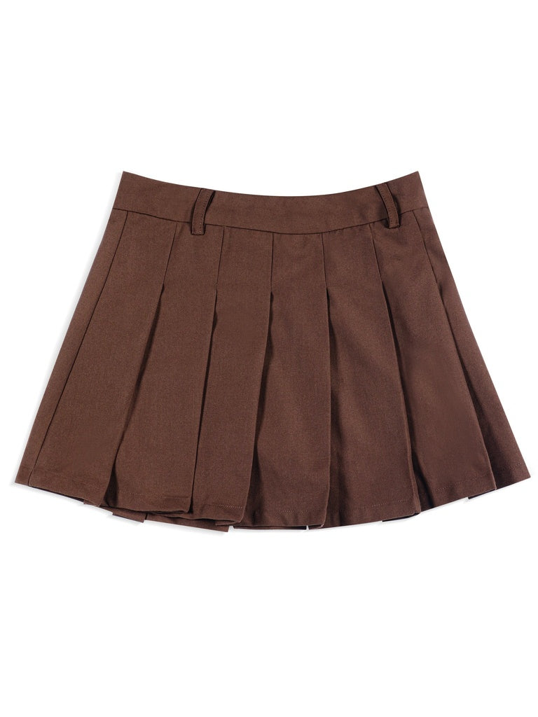 Girls Brown Solid Pleated Skirt