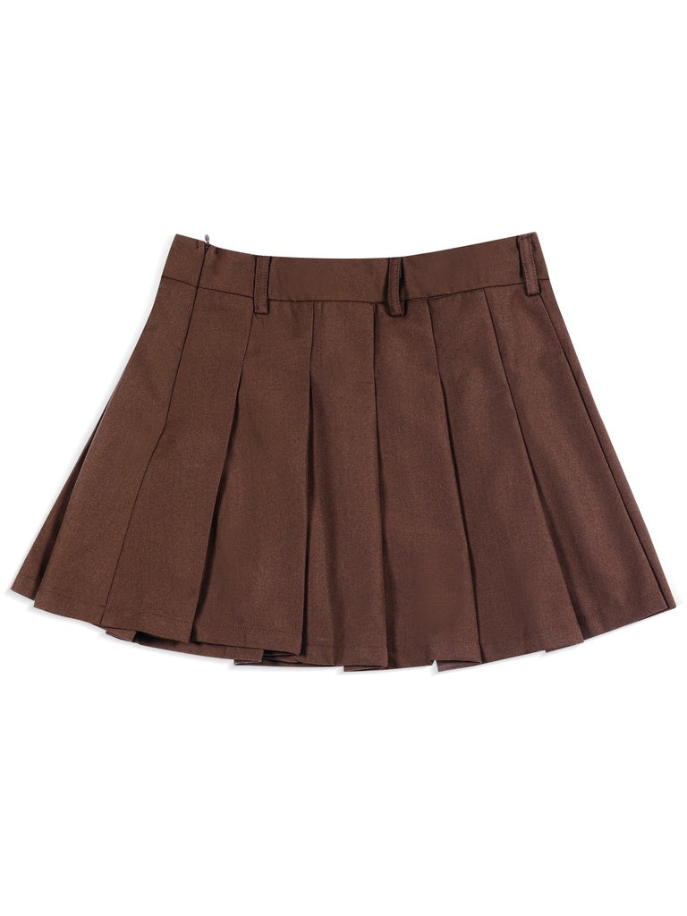 Girls Brown Solid Pleated Skirt