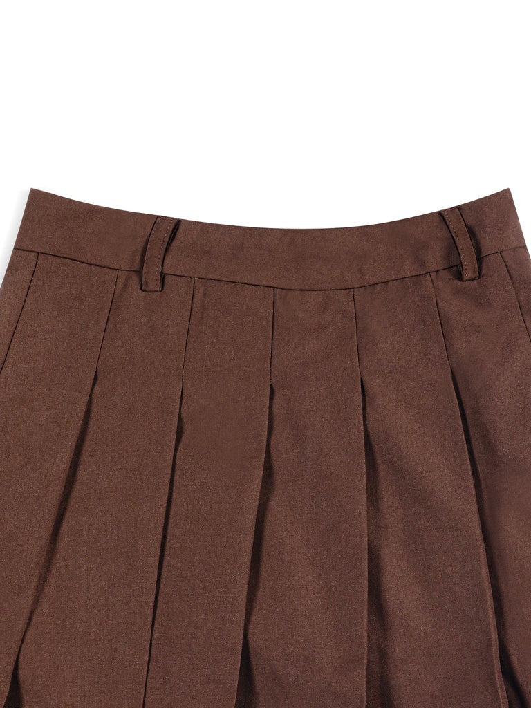 Girls Brown Solid Pleated Skirt