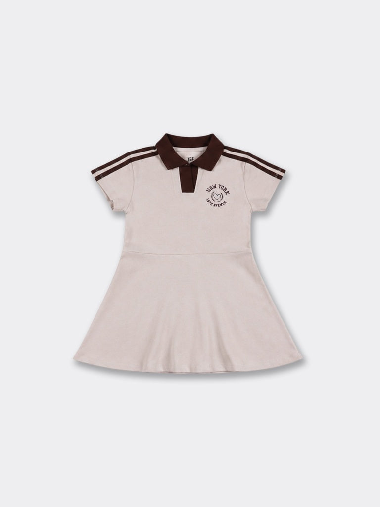 Girls Beige Side Stripe Cotton-Blend Dress