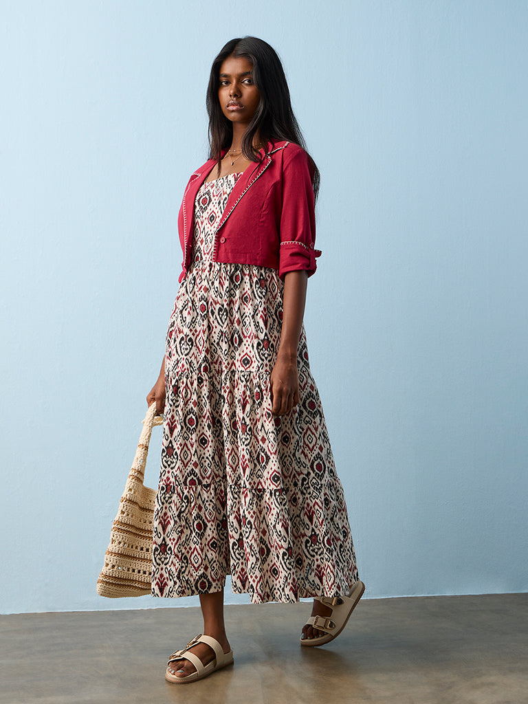 Bombay Paisley Cotton Off-White Ikat Printed Cotton Tiered Dress with Jacket