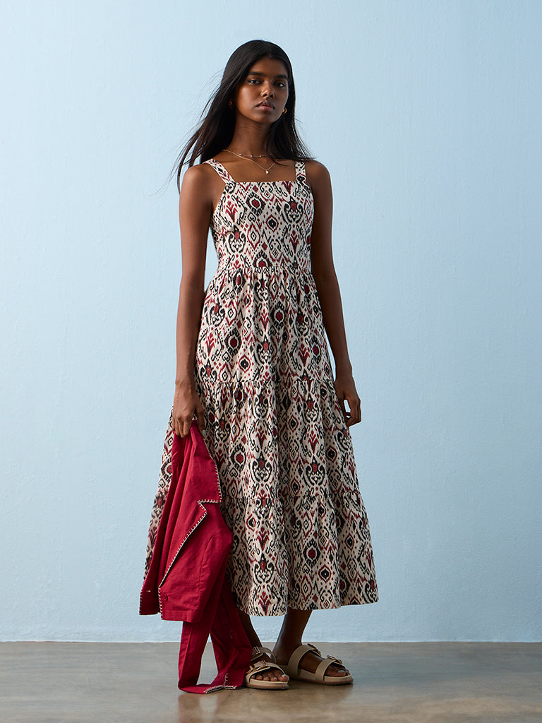 Bombay Paisley Cotton Off-White Ikat Printed Cotton Tiered Dress with Jacket