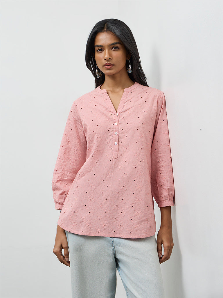 Utsa Pink Floral Embroidered Cotton Tunic