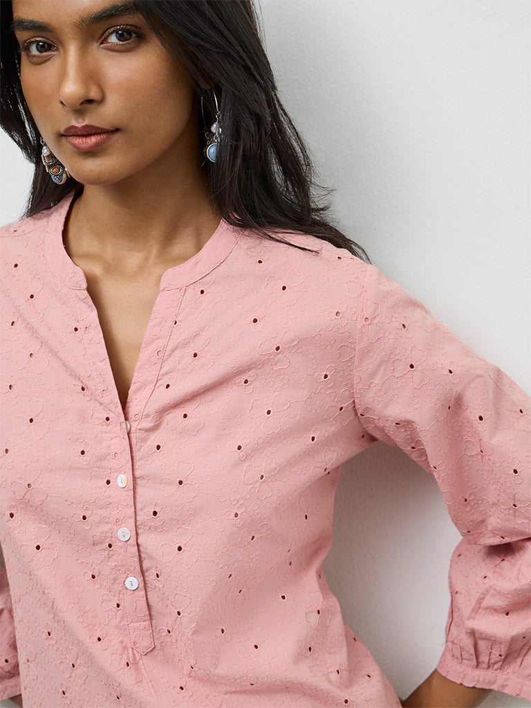 Utsa Pink Floral Embroidered Cotton Tunic