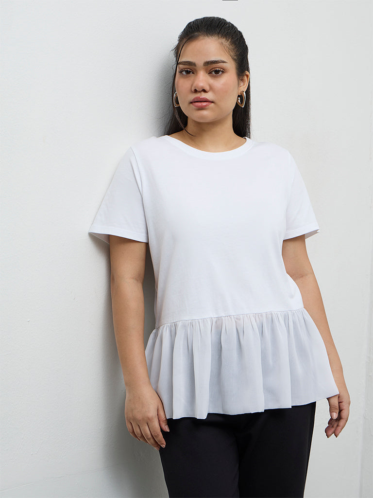 Gia White Ruffled Hem Cotton Top