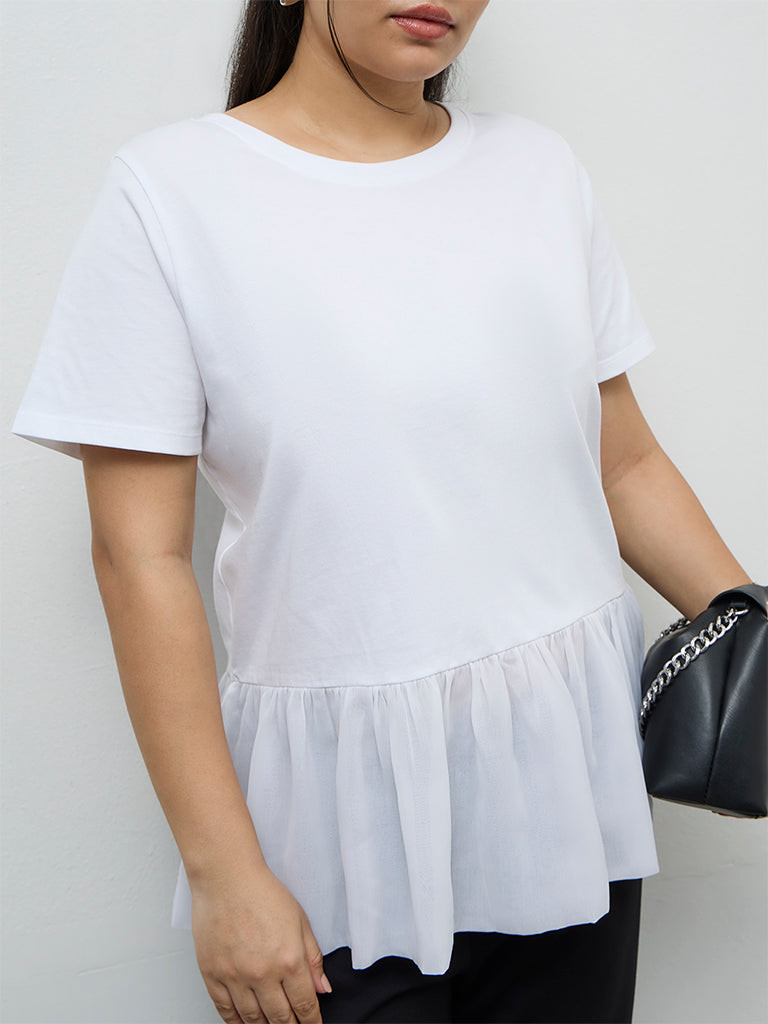 Gia White Ruffled Hem Cotton Top
