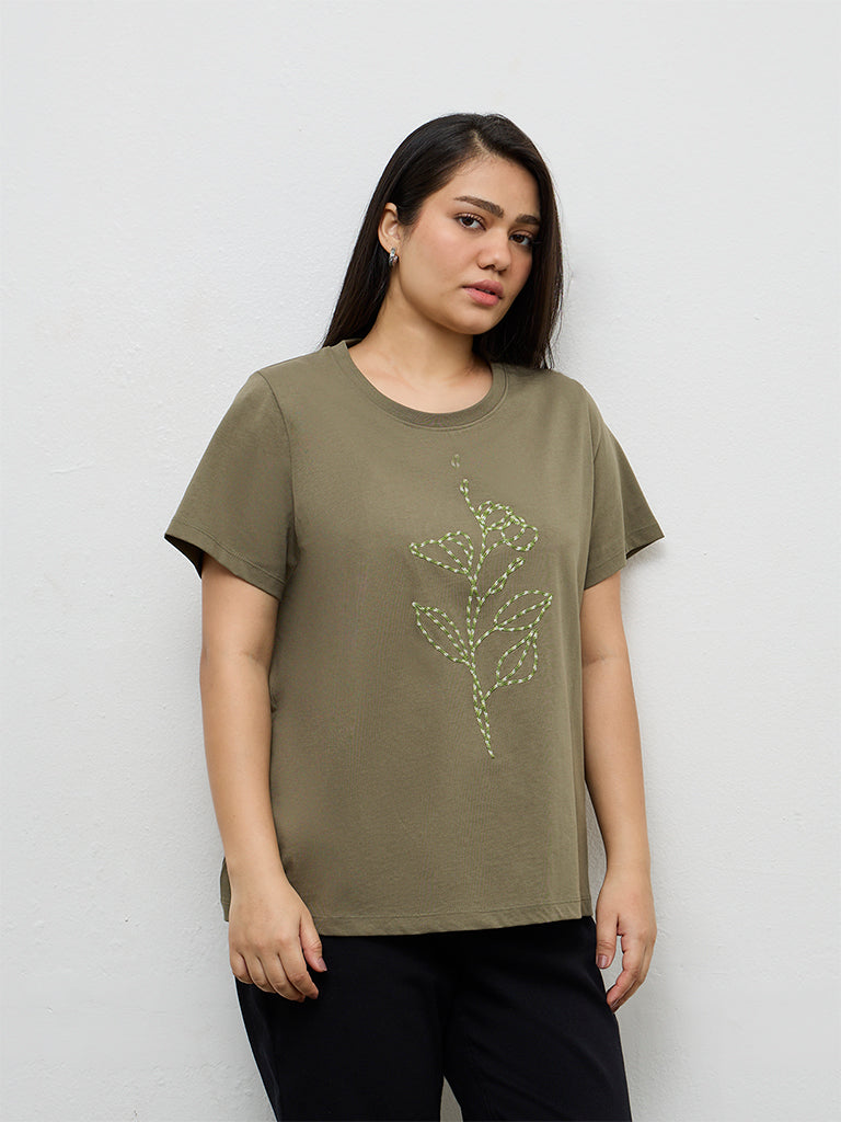 Gia Olive Sequin Embellished Cotton T-Shirt