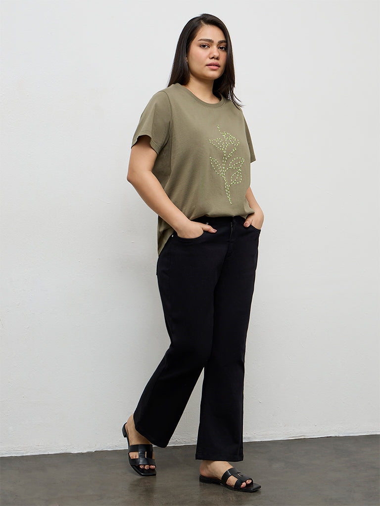 Gia Olive Sequin Embellished Cotton T-Shirt