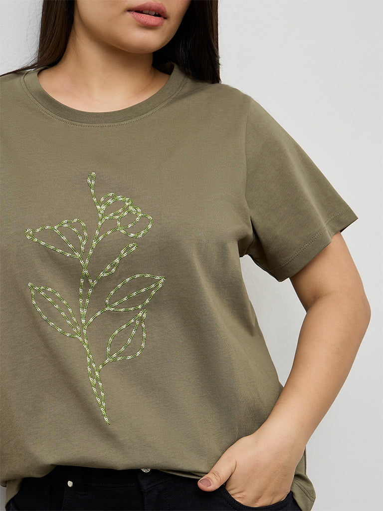 Gia Olive Sequin Embellished Cotton T-Shirt