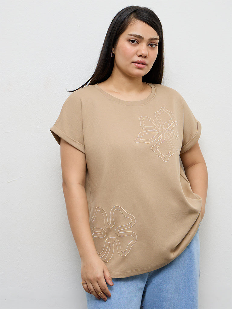 Gia Beige Floral Design Cotton T-Shirt