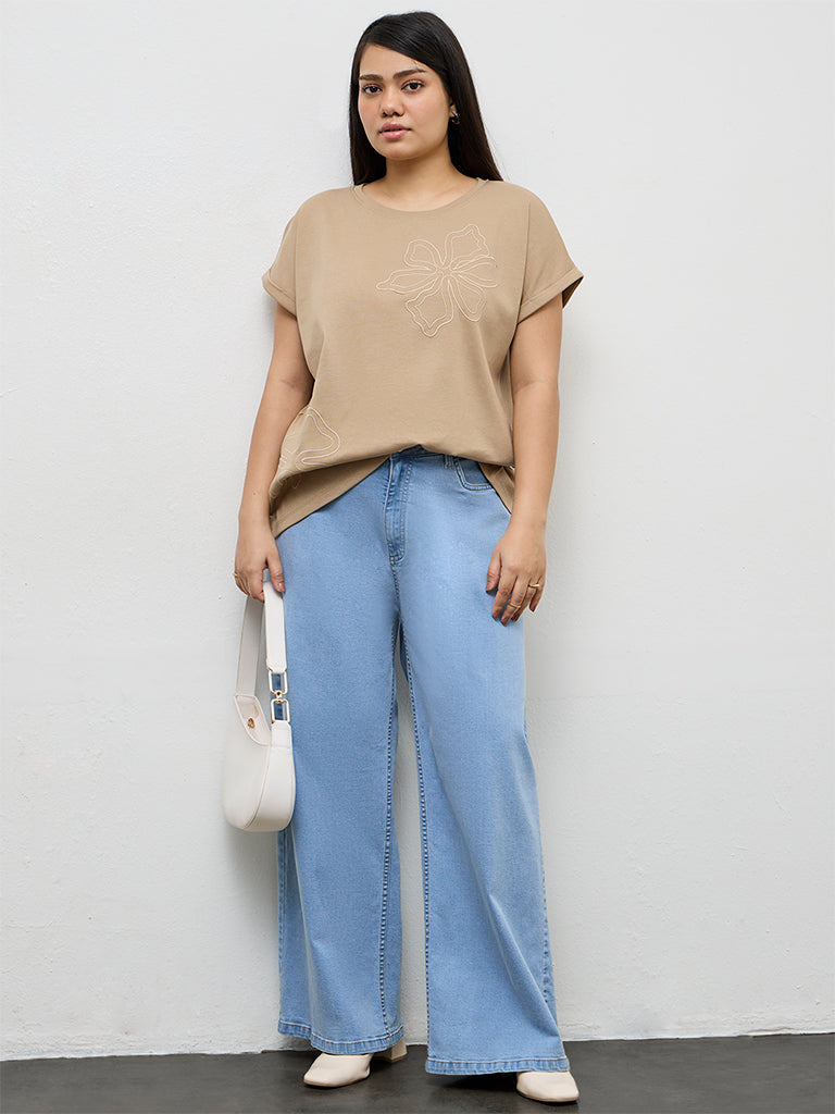 Gia Beige Floral Design Cotton T-Shirt