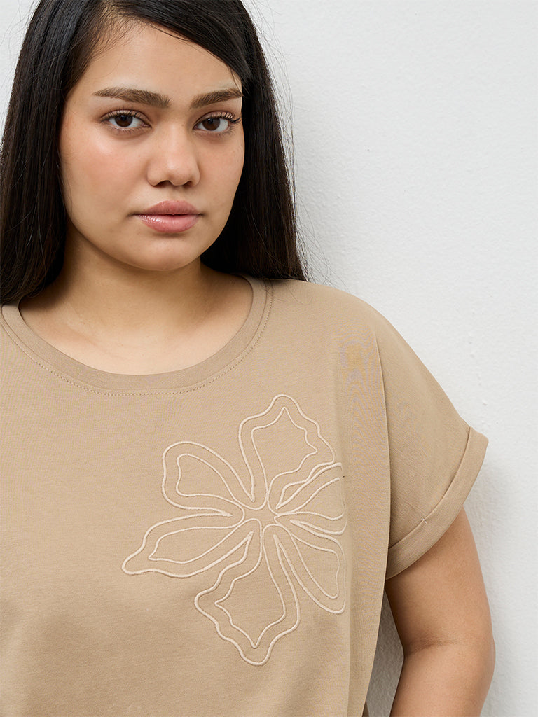 Gia Beige Floral Design Cotton T-Shirt