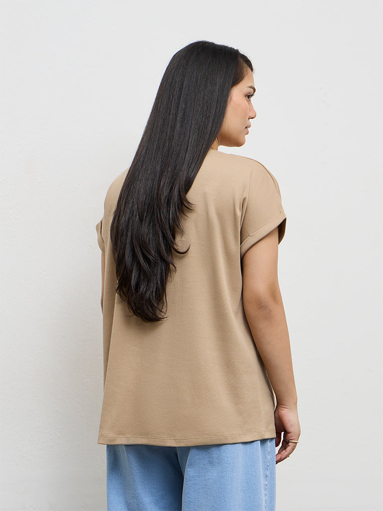 Gia Beige Floral Design Cotton T-Shirt