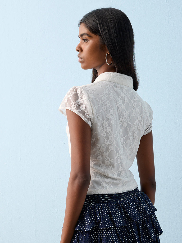 Nuon White Floral Lace Detailed Polo T-Shirt