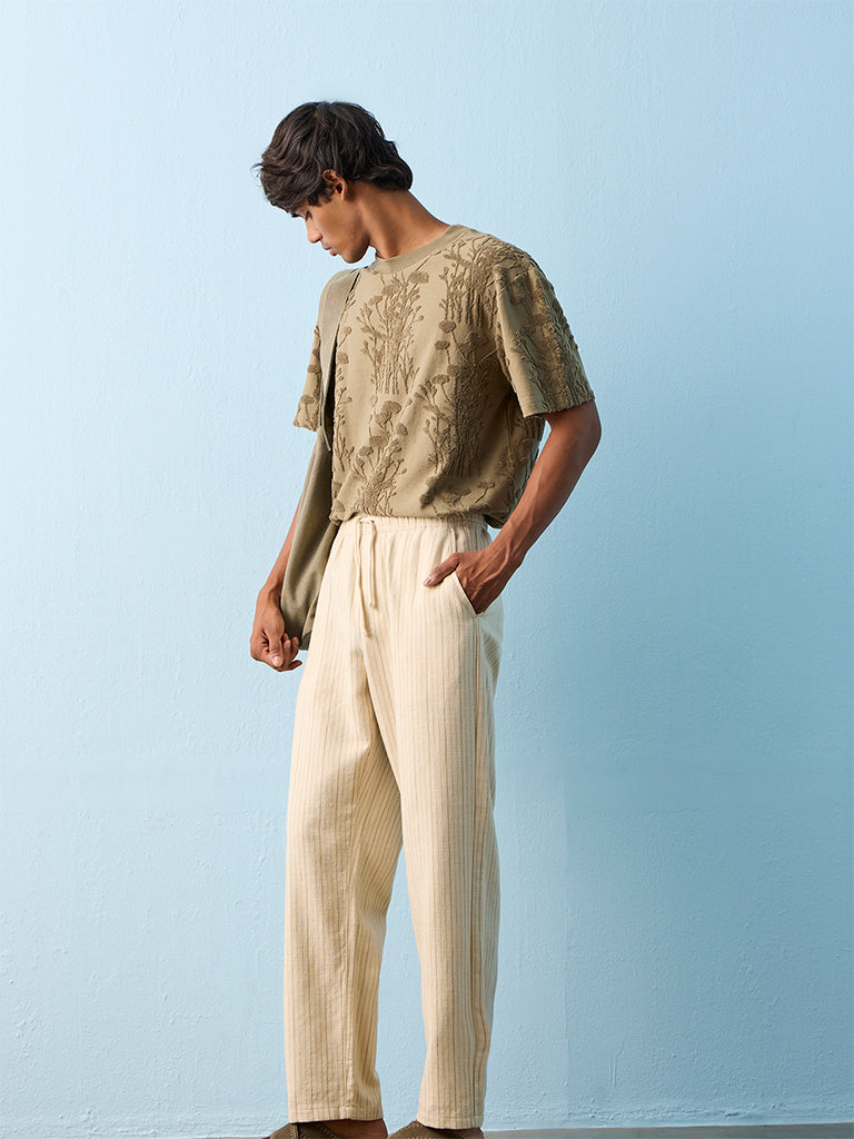 ETA Cream Striped Relaxed-Fit Mid-Rise Cotton Chinos