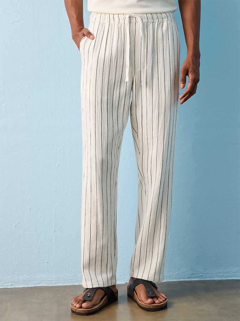 ETA White Striped Relaxed-Fit Mid-Rise Cotton Chinos